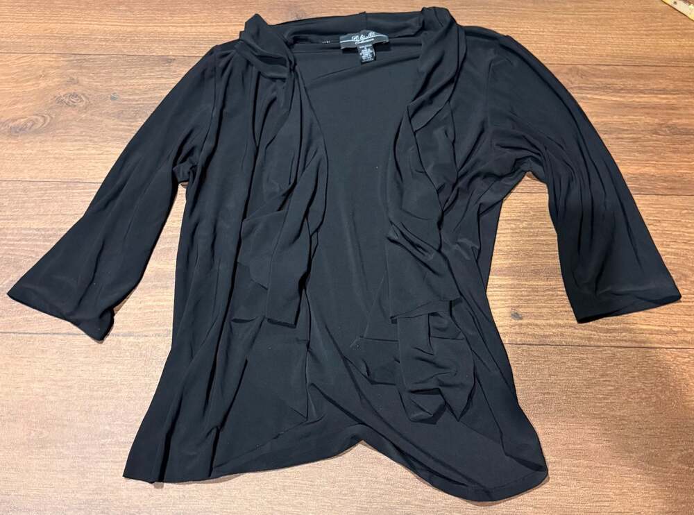 R&M Collection Black Ruffle Open Front 3/4 Sleeve Jacket